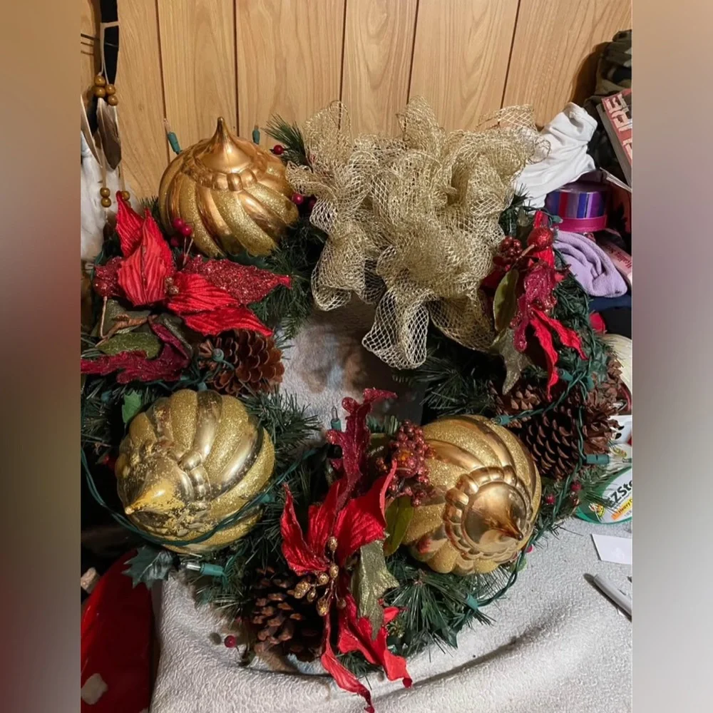 Festive Gold and Red Holiday Wreath